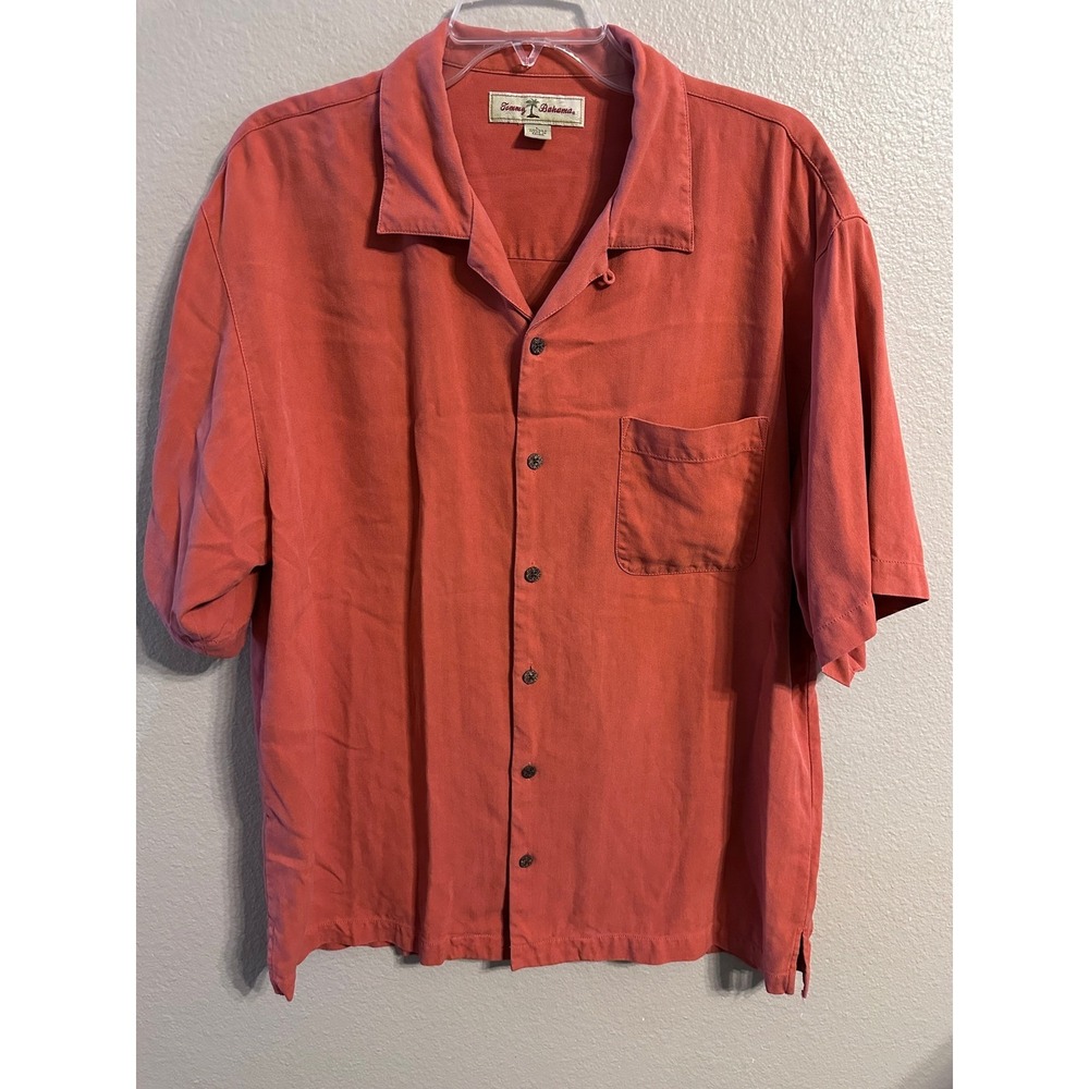 Tommy Bahama 100% Silk‎ Camp Shirt Salmon Red Short Sleeve Button Down Mens